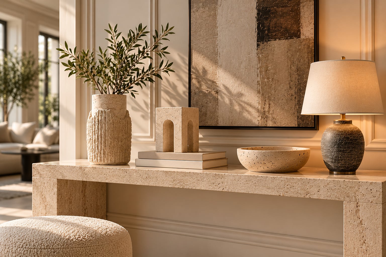 Sıcak Doğal konsol dekorasyonu: dokulu traverten objeler, seramik abajur ve doğal dallar