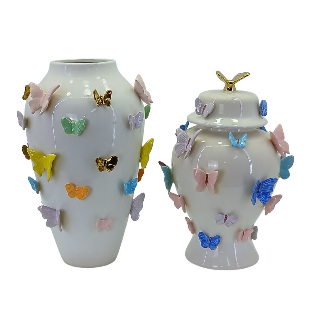 2li Set Kelebekli Seramik Küp/Vazo 30x46cm