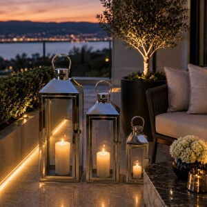 3lü Set Metal Fener Gümüş 18x54cm