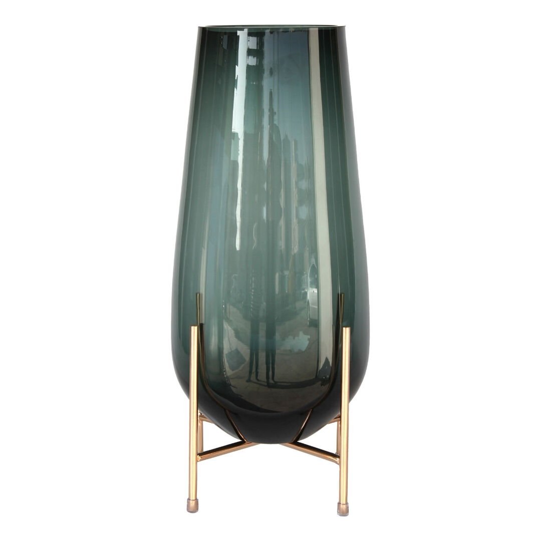 Metal Ayaklı  Cam Vazo Yeşil 21x46cm