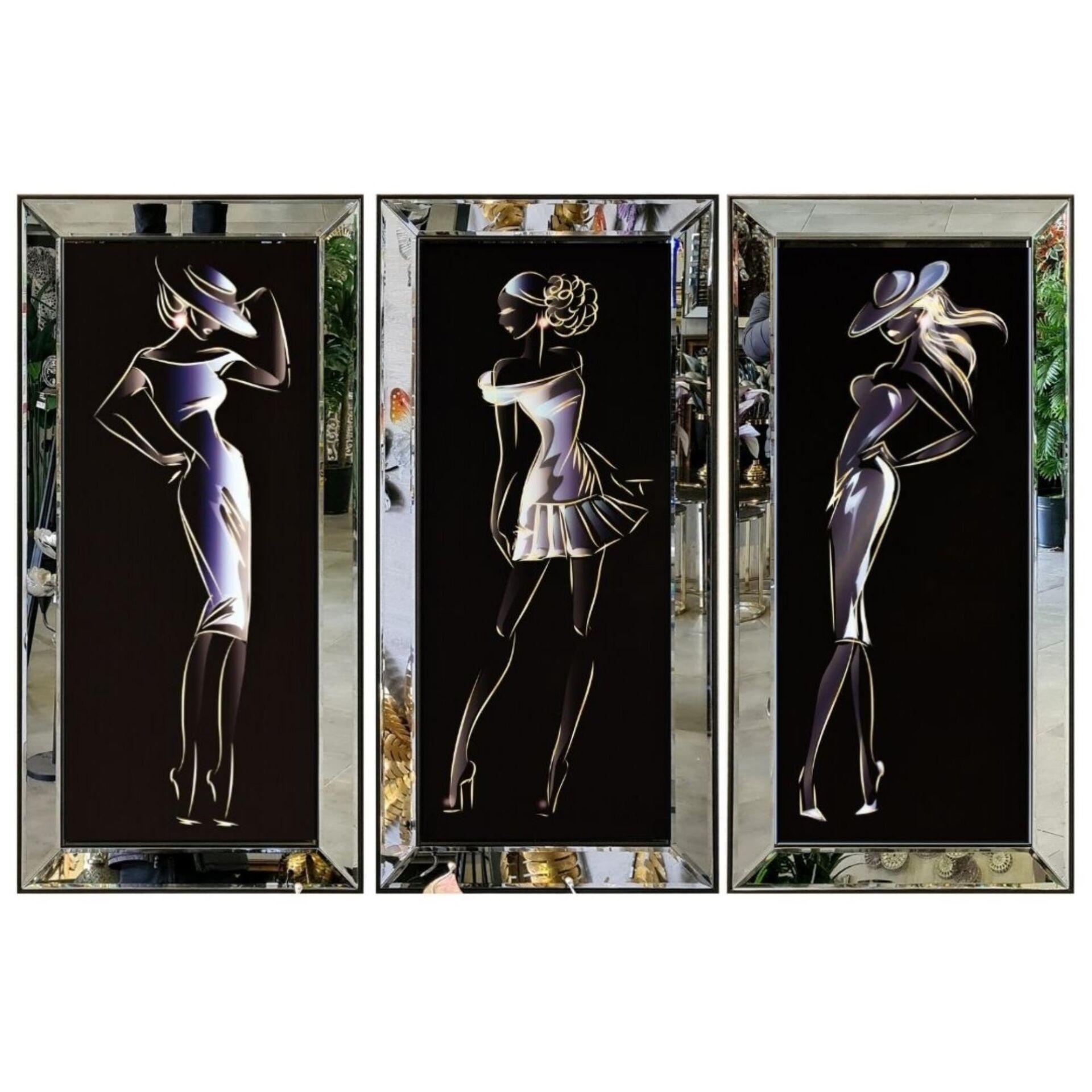 UV 3lü Set Aynalı Kızlar Tablo 54x114cm