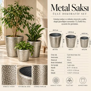 3lü Set Metal Saksı 37x40cm
