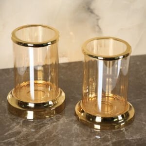 2li Set Altın Metal Cam Mumluk 15x20cm