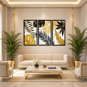 UV 3lü Set Sarı Yaprak Tablo 95x150cm
