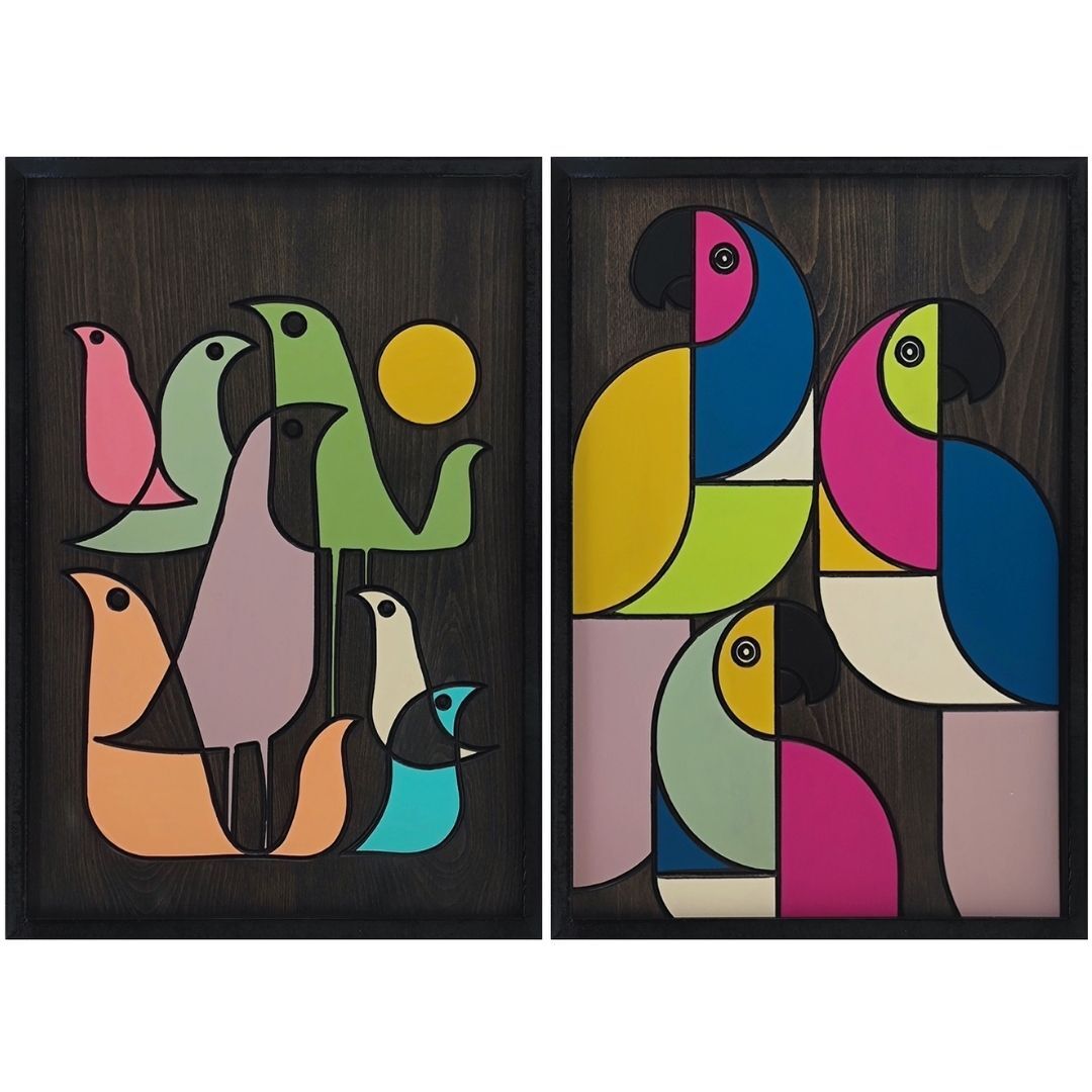 Ahşap 2 li Set Kuş Tablo 63x84cm