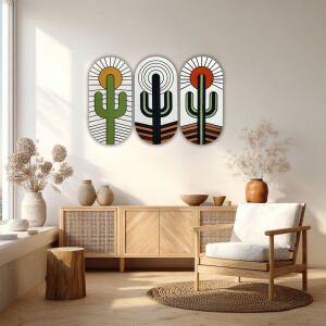 Ahşap 3 lü Set Kaktüs Tablo 68x100cm