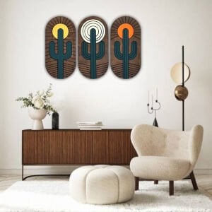 Ahşap 3 lü Set Kaktüs Tablo 68x100cm