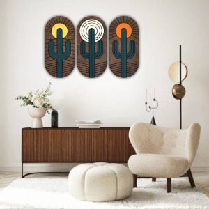 Ahşap 3 lü Set Kaktüs Tablo 68x100cm