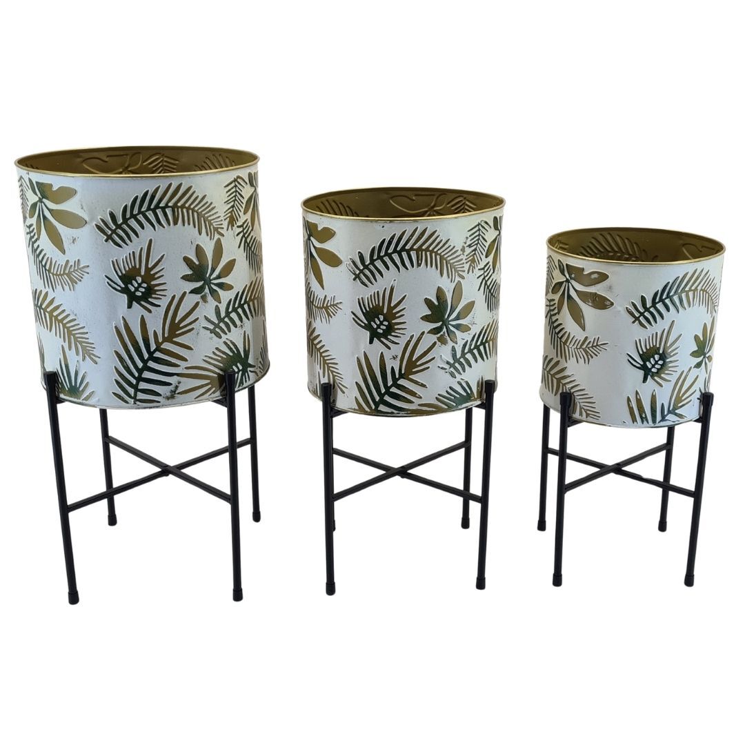 3 Lü Set Palmiye Metal Saksı 28x54cm