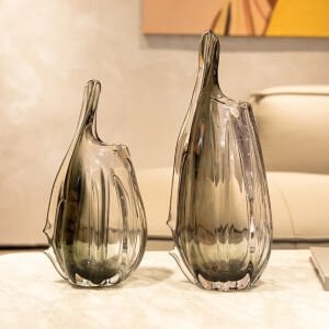 2li Set Murano Cam Vazo Füme 14x40cm
