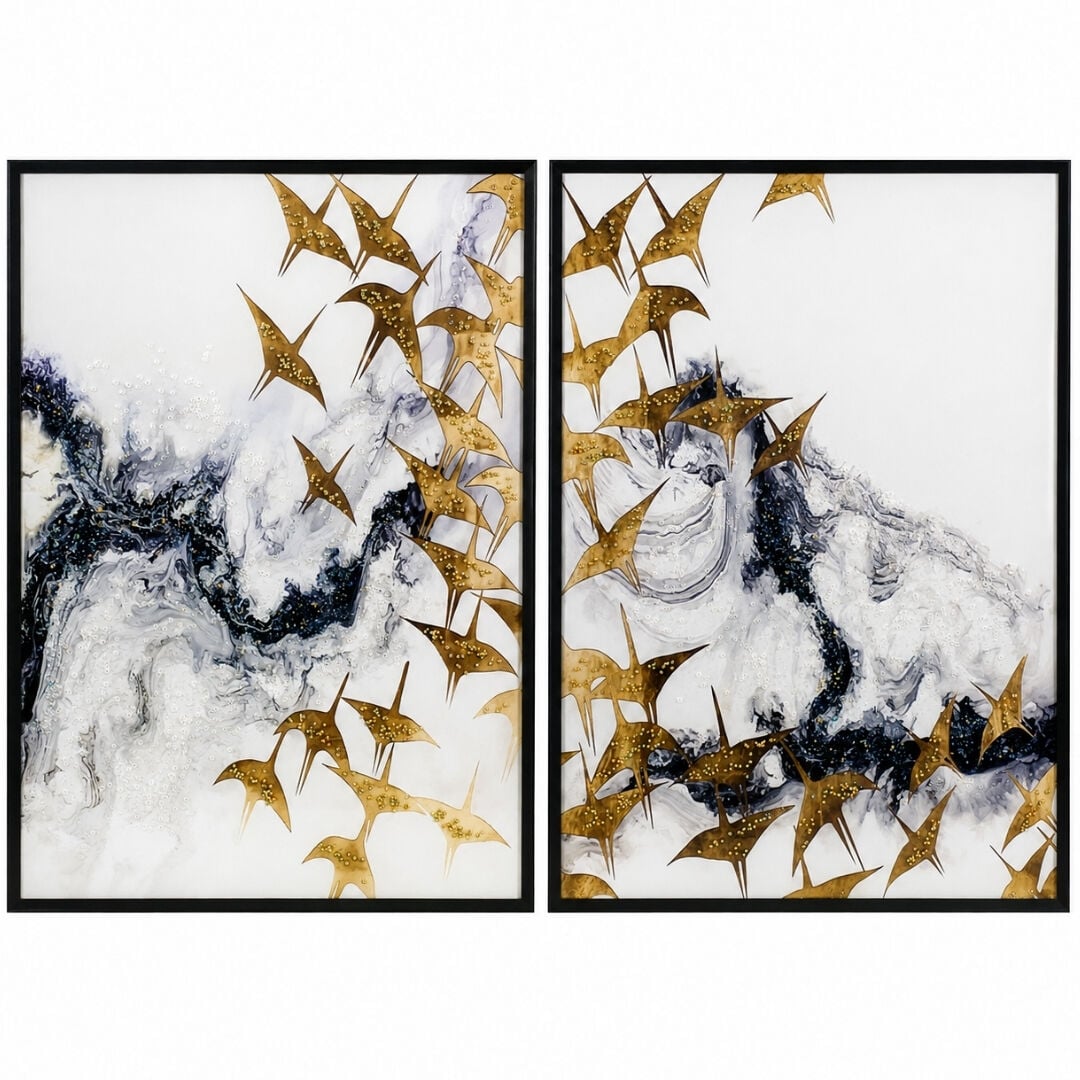 2li Set Epoksi Altın Kuşlar Tablo 105x150cm