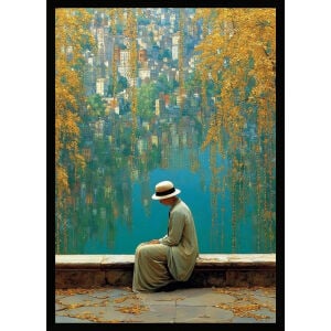 UV Şehir ve Şapkalı Kadın Tablo 75x105cm