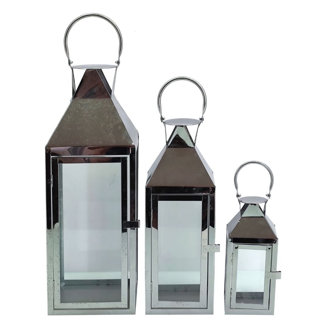 3lü Set Metal Fener Gümüş 18x62cm